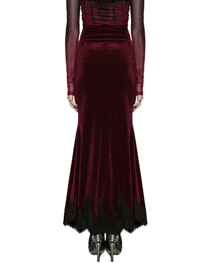 PR-OQ-844BQF-RDF Daily Life Womens Long Gothic Velvet Ruched Split Waist Skirt - Red