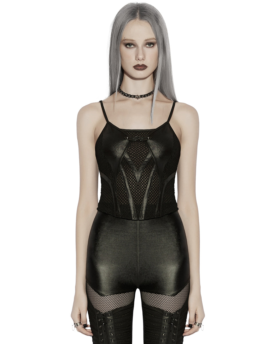 PR-OT-1070DDF-BKF Daily Life Womens Cyberpunk Faux Leather & Mesh Skull Camisole Vest Top