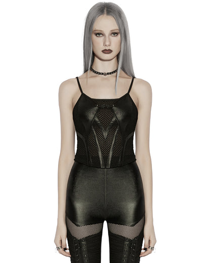 PR-OT-1070DDF-BKF Daily Life Womens Cyberpunk Faux Leather & Mesh Skull Camisole Vest Top