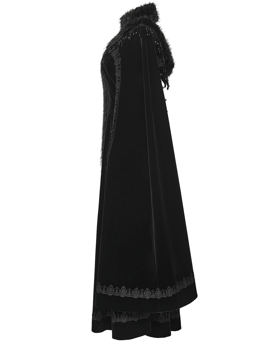 WY-1811DPF Womens Long Elegant Gothic Velvet & Faux Fur Beaded Cloak Coat