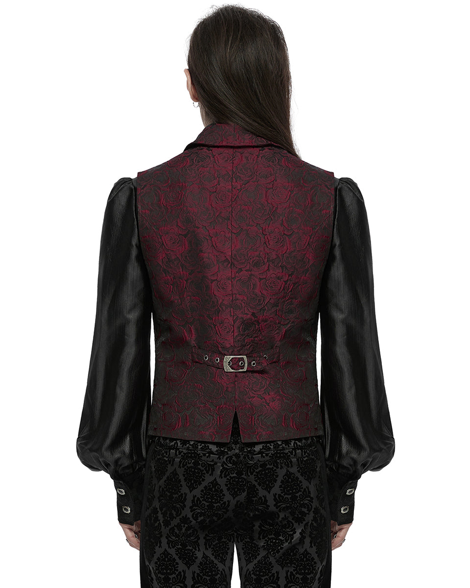 WY-1677MJM-RDM Mens Gothic Jacquard Rose Lace Applique Waistcoat Vest - Red