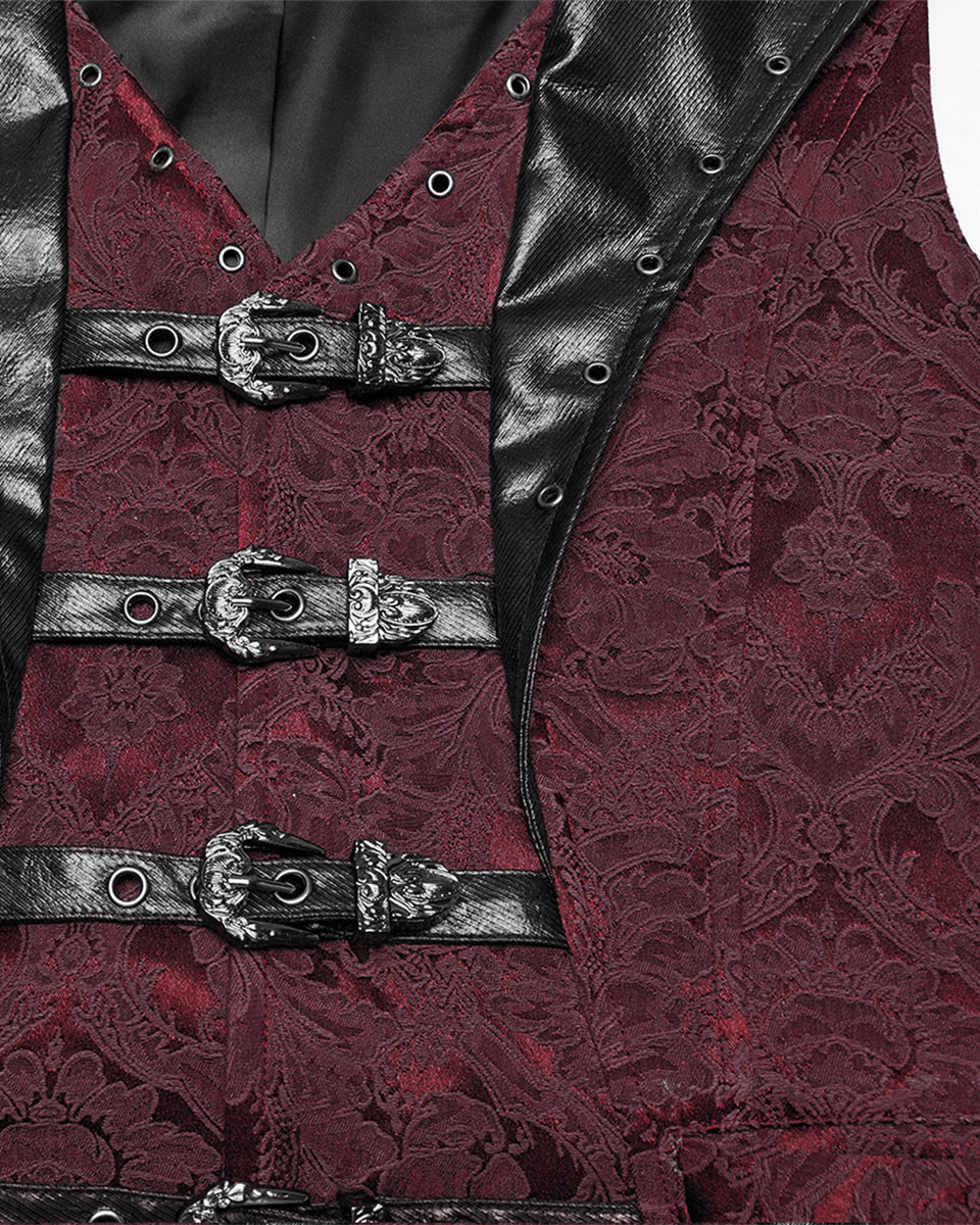 WY-1765MJM Mens Dark Victorian Gothic Damask Jacquard Waistcoat Vest - Red
