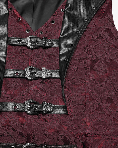 WY-1765MJM Mens Dark Victorian Gothic Damask Jacquard Waistcoat Vest - Red