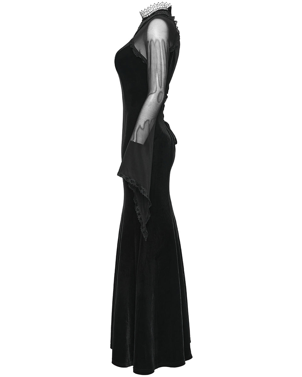 PR-WQ-666LQF-BKF Womens Regency Gothic Velvet & Mesh Beaded Evening Dress