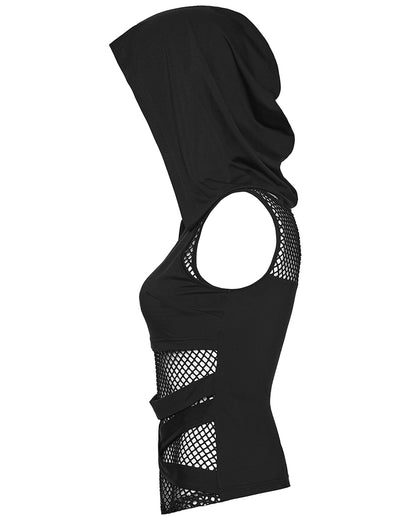 PR-OT-1084TDF-BKF Daily Life Womens Gothic Wasteland Fishnet Contrast Hooded Vest Top