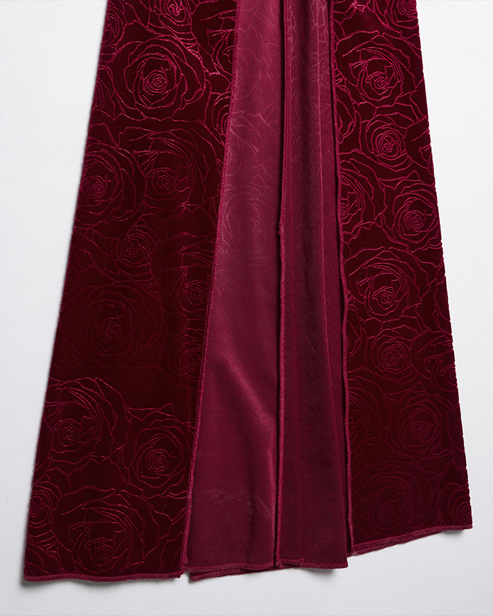 WQ-896LQF Womens Long Gothic Rose Velvet Flared Split Sleeve Maxi Dress - Red