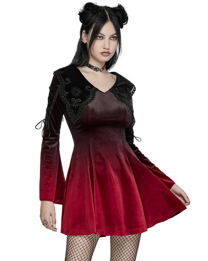 WQ-770LQF Womens Gothic Velvet Mini Dress With Oversize Embellished Collar - Red & Black Gradient