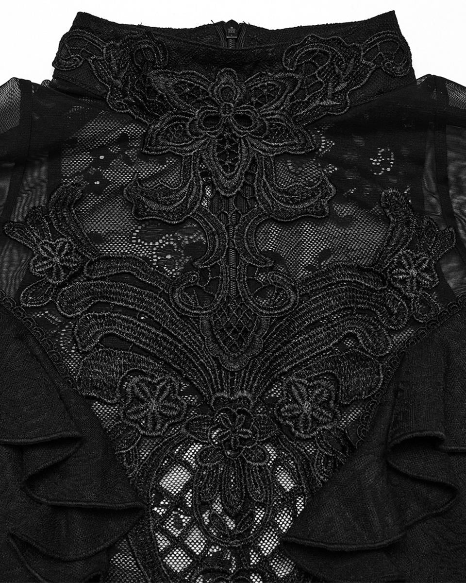 WT-1004TDF-BKF Womens Elegant Gothic Floral Lace Applique Blouse Top