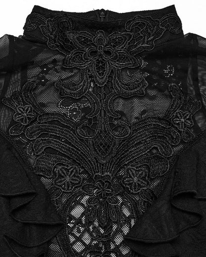 WT-1004TDF-BKF Womens Elegant Gothic Floral Lace Applique Blouse Top