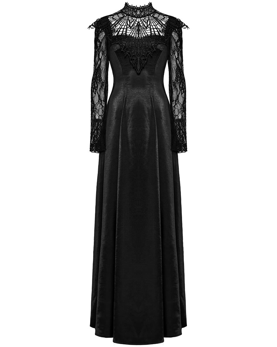 WQ-748LQF Womens Long Gothic Sateen Maxi Dress With Embroidered Lace Contrast