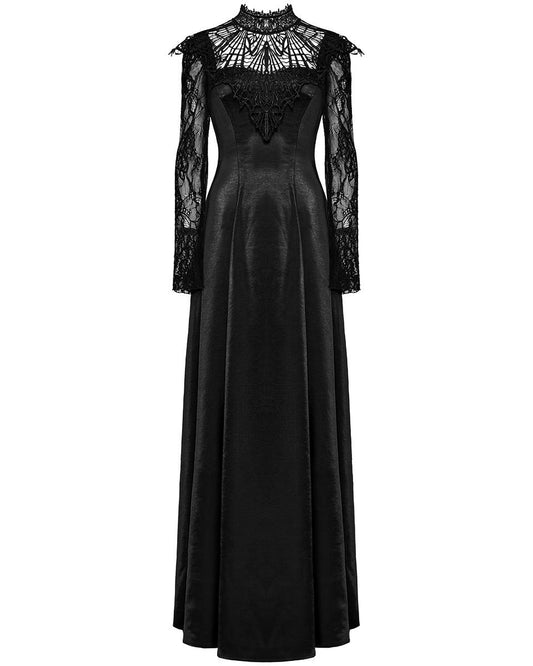 WQ-748LQF Womens Long Gothic Sateen Maxi Dress With Embroidered Lace Contrast