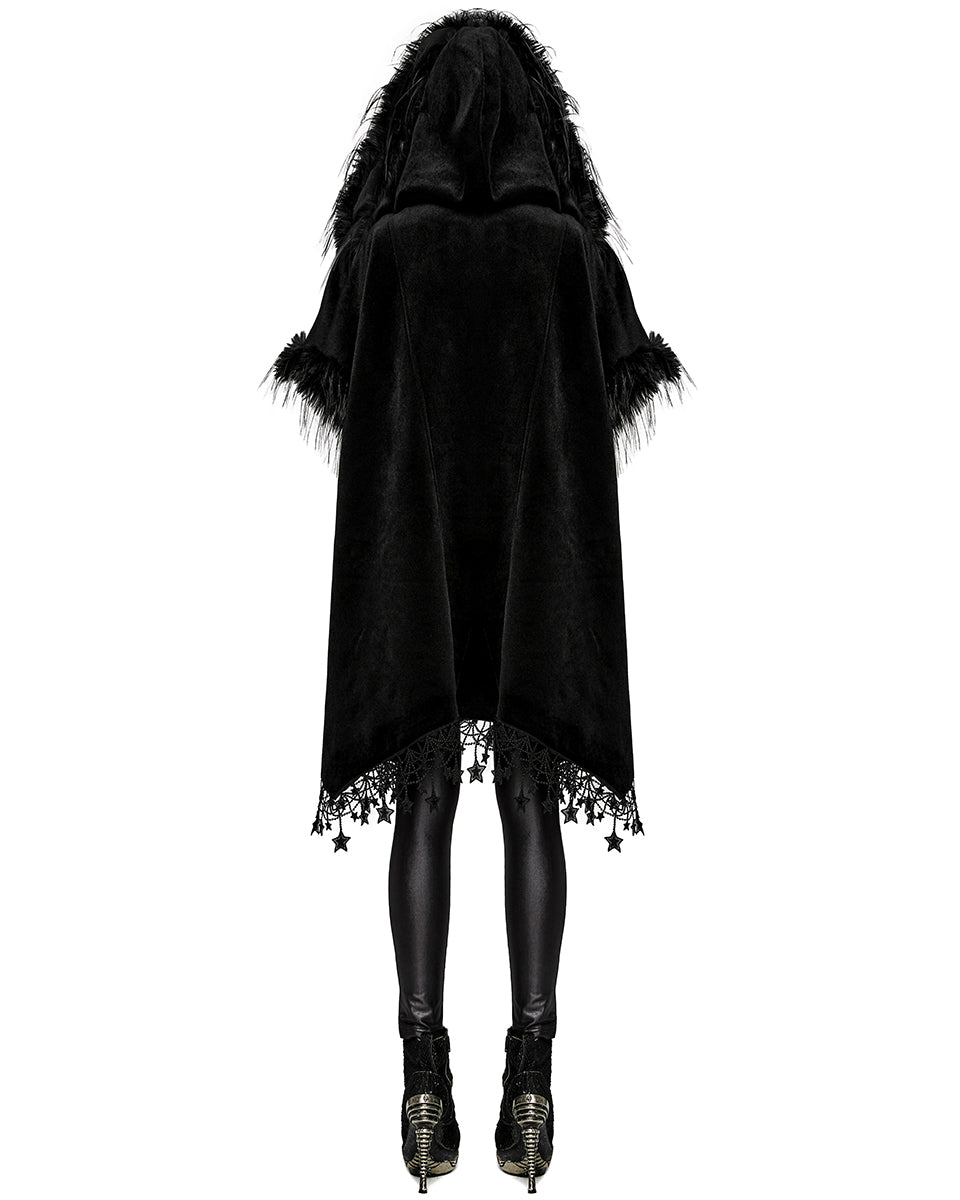 PR-WY-1519DPF-BKF Womens Dark Bohemian Gothic & Faux Fur Hooded Cloak Cape