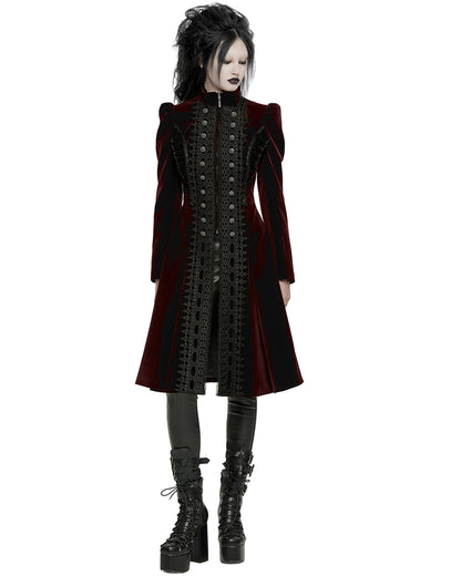 WY-1633XCF Womens Gothic Velvet Embellished Mid Length Military Coat - Red