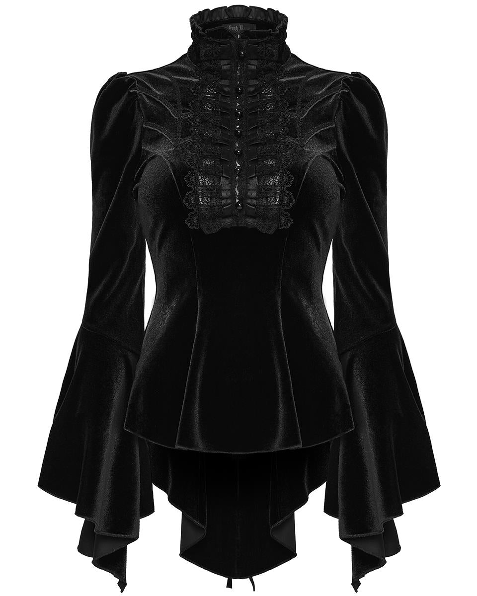 WT-1021TCF Womens Elegant Gothic Velvet & Pleated Lace Blouse Top