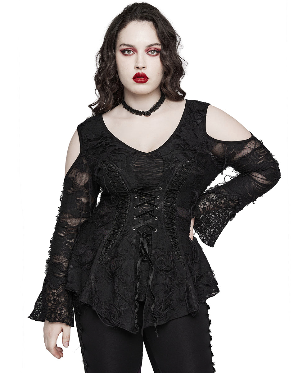 PR-DT-796TCF-BKF Plus Size Womens Apocalyptic Gothic Lace-Up Tunic Top