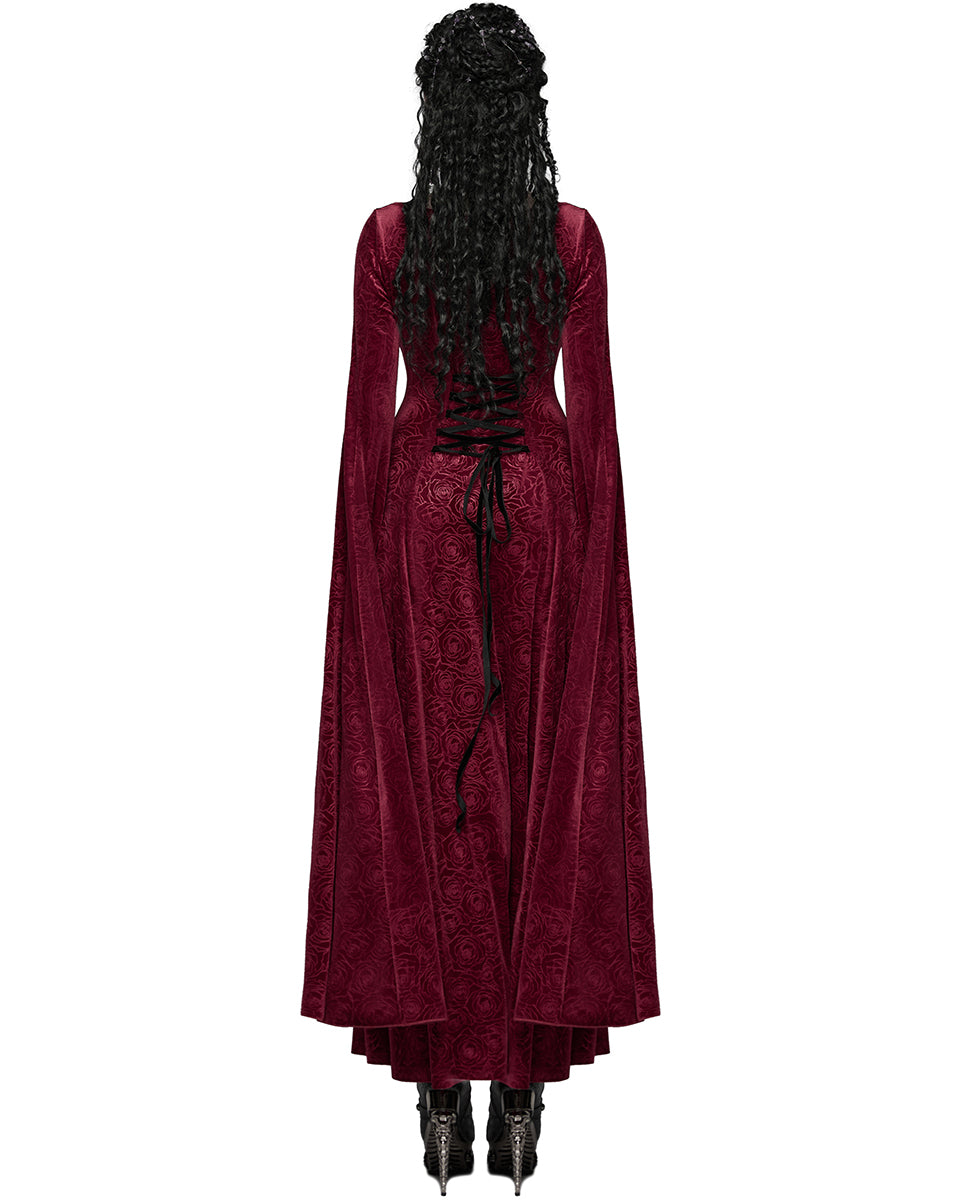 WQ-896LQF Womens Long Gothic Rose Velvet Flared Split Sleeve Maxi Dress - Red