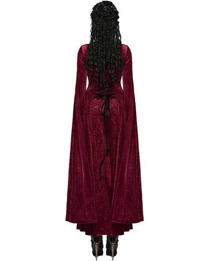 WQ-896LQF Womens Long Gothic Rose Velvet Flared Split Sleeve Maxi Dress - Red