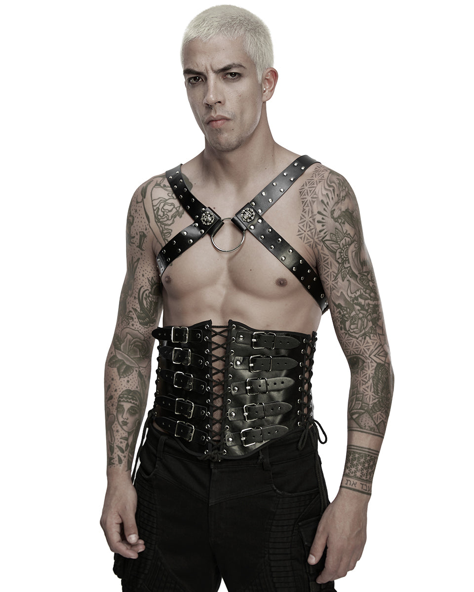 WS-852YDM Mens Apocalyptic Gothic Faux Leather Buckled Strapping Corset Girdle Belt