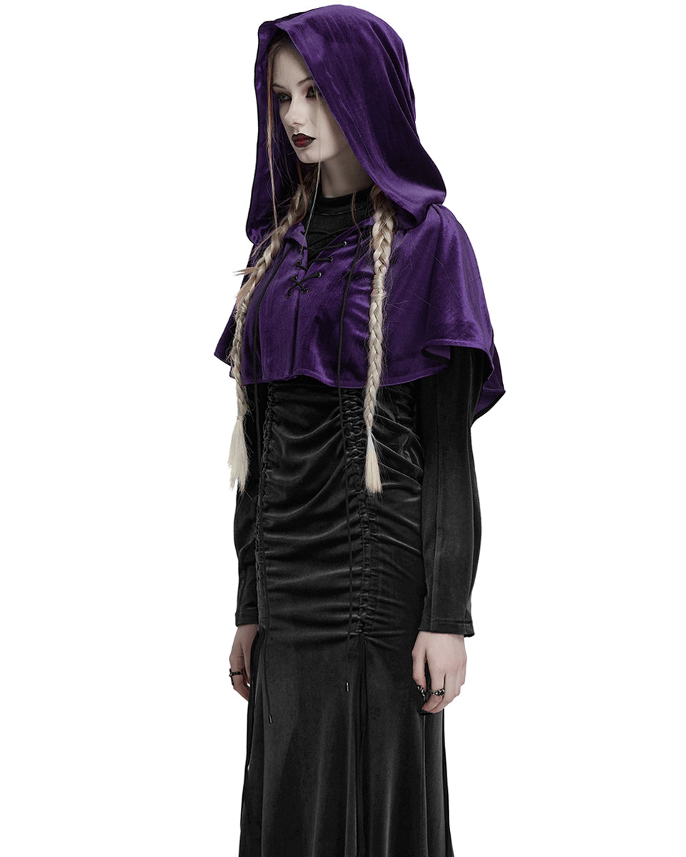 OPY-444DQF Daily Life Womens Velvet Gothic Lolita Hooded Split Tails Bolero Cape - Purple