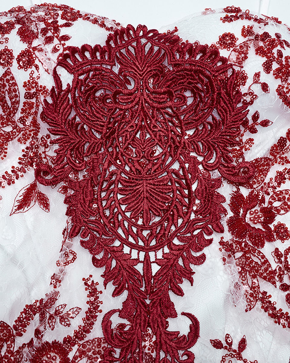 WQ-859DQF-WHRDF Womens Long Gothic Floral Sequined Wedding Prom Dress - White & Red
