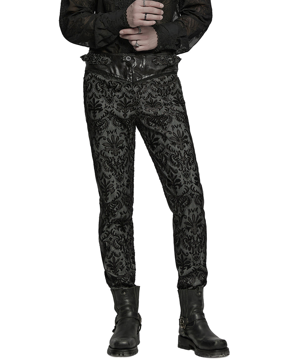 WK-725XCM-BKWHM Mens Gothic Aristocrat Embroidered Damask Houndstooth Dress Pants