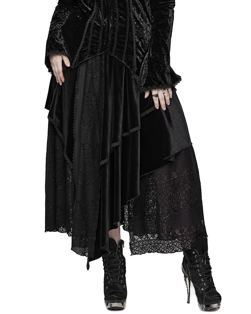 PR-DQ-634BQF-BKF Plus Size Bohemian Gothic Asymmetric Velvet & Baroque Lace Maxi Skirt