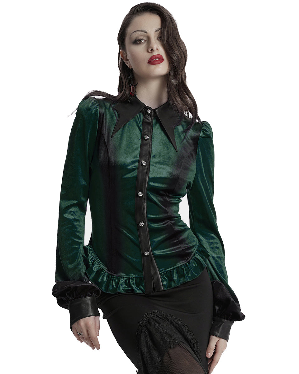 OY-1697DQF-GRF Daily Life Gothic Gradient Velvet Bat Collar Blouse Top - Green & Black
