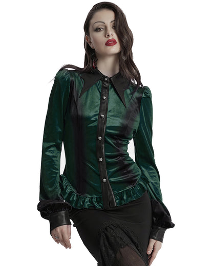 OY-1697DQF-GRF Daily Life Gothic Gradient Velvet Bat Collar Blouse Top - Green & Black