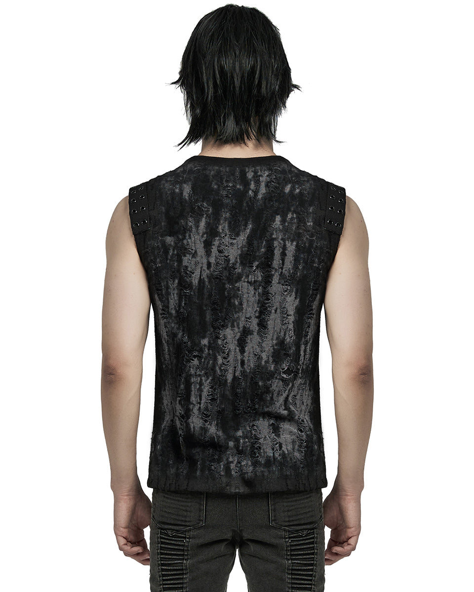 WT-887BXM-BKGYM Mens Apocalyptic Gothic Broken Knit Tank Top Vest - Distressed Grey & Black