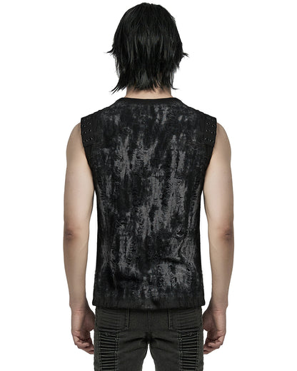 WT-887BXM-BKGYM Mens Apocalyptic Gothic Broken Knit Tank Top Vest - Distressed Grey & Black