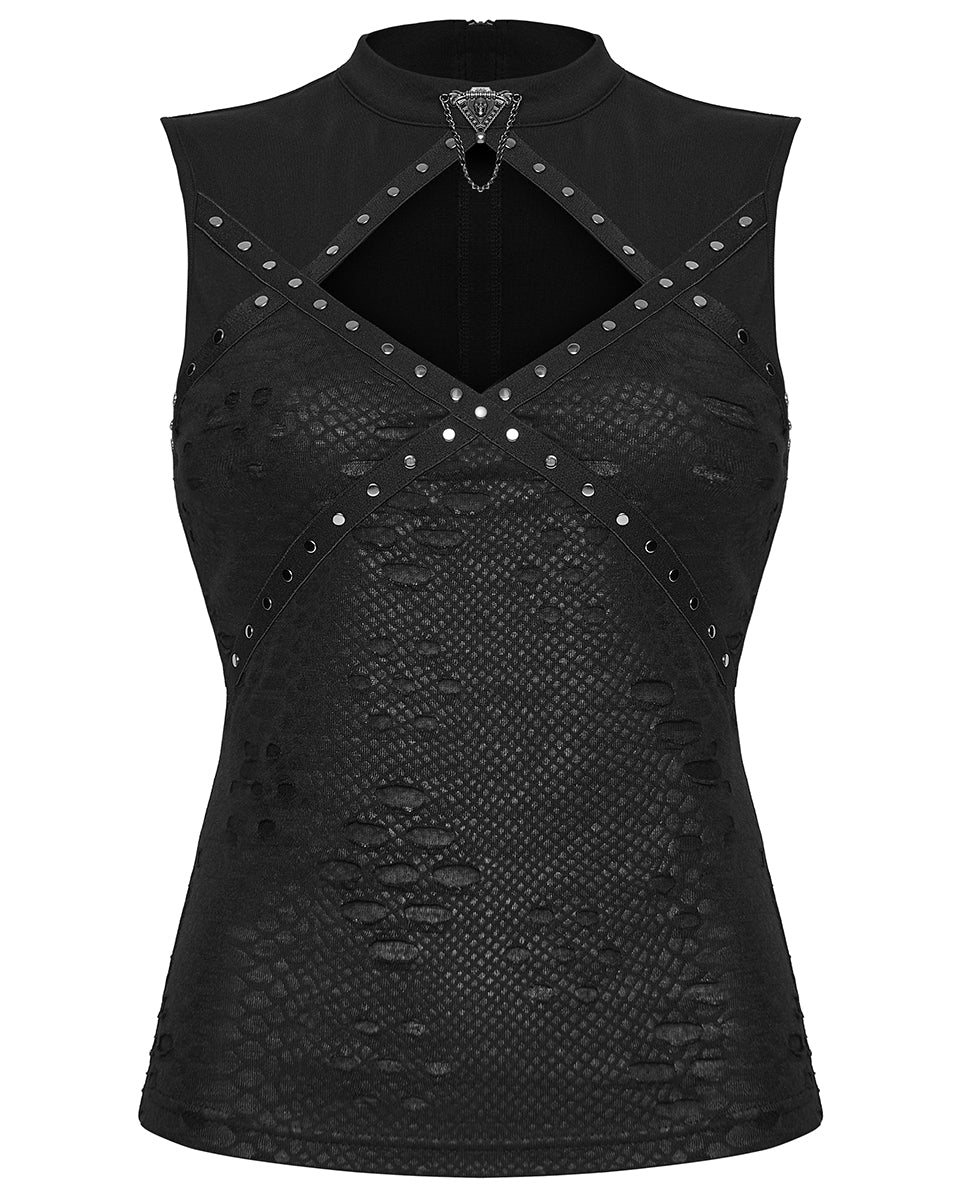 PR-WT-1077BXF-BKF Womens Apocalyptic Gothic Studded Shredded Fishnet Tank Top Vest