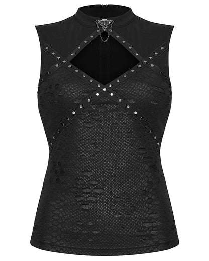 PR-WT-1077BXF-BKF Womens Apocalyptic Gothic Studded Shredded Fishnet Tank Top Vest