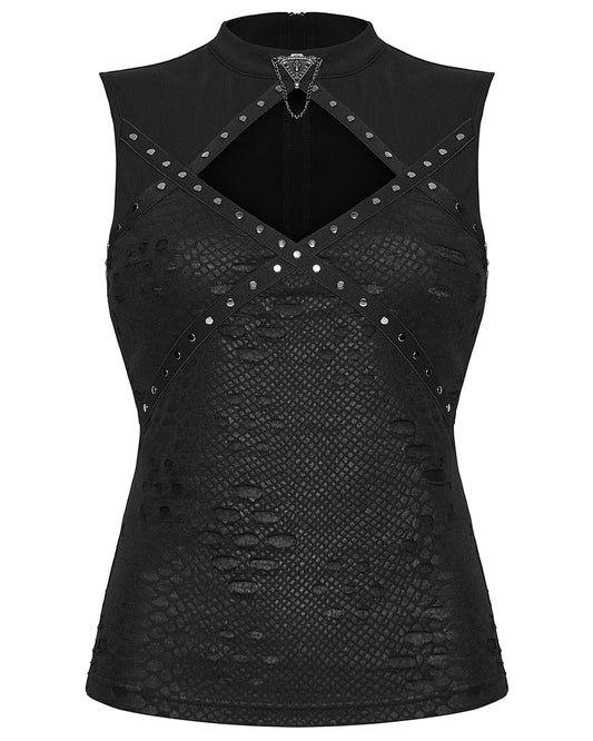 PR-WT-1077BXF-BKF Womens Apocalyptic Gothic Studded Shredded Fishnet Tank Top Vest
