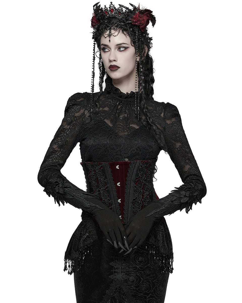WS-790YDF Womens Baroque Gothic Rose Embroidered Velvet Cincher Corset - Red & Black