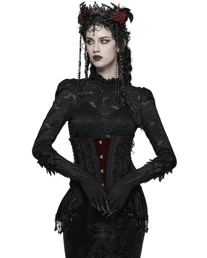 WS-790YDF Womens Baroque Gothic Rose Embroidered Velvet Cincher Corset - Red & Black