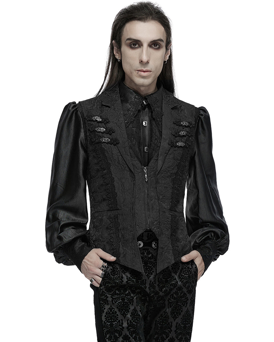 WY-1677MJM-BKM Mens Gothic Jacquard Rose Lace Applique Waistcoat Vest - Black