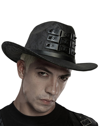 WS-859MZ Unisex Distressed Faux Leather Strapping Fedora Hat