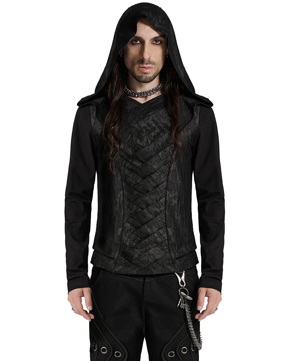 WT-937TCM Mens Apocalyptic Punk Broken Knit Patchwork Hooded Top