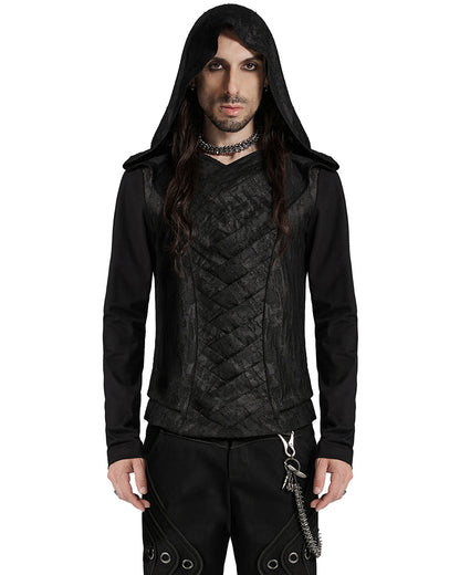 WT-937TCM Mens Apocalyptic Punk Broken Knit Patchwork Hooded Top