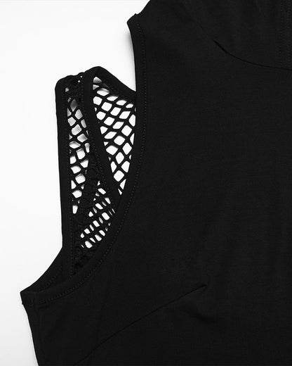 PR-OT-1084TDF-BKF Daily Life Womens Gothic Wasteland Fishnet Contrast Hooded Vest Top