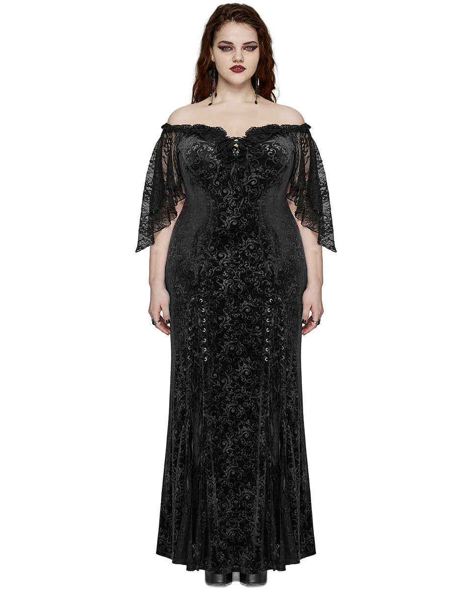 DQ-730LQF Plus Size Womens Gothic Embossed Velvet Off-Shoulder Maxi Dress - Black