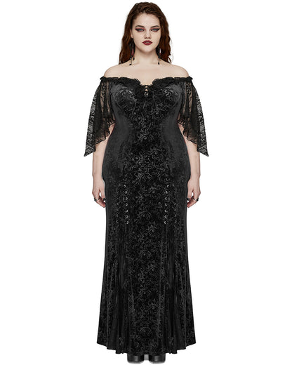 DQ-730LQF Plus Size Womens Gothic Embossed Velvet Off-Shoulder Maxi Dress - Black