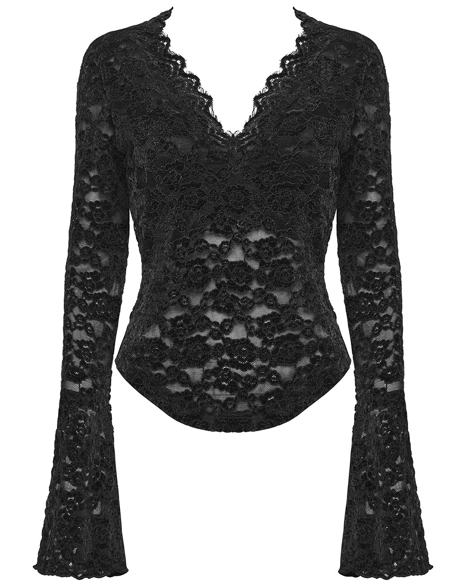 OT-1014TCF-BKF Womens Elegant Floral Lace V-Neck Top - Black