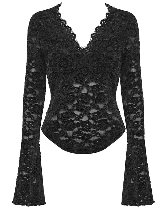 OT-1014TCF-BKF Womens Elegant Floral Lace V-Neck Top - Black