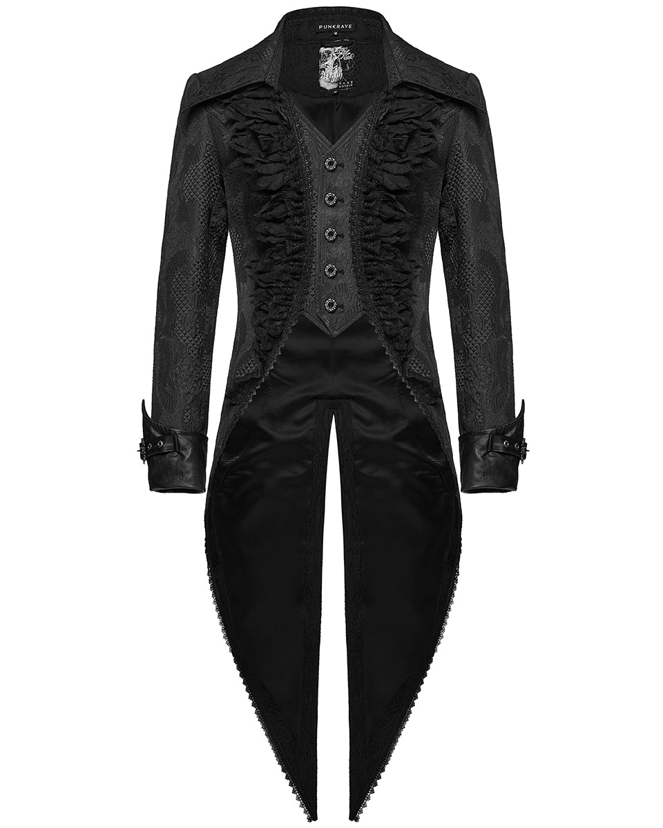 WY-1773XCM-BKM Mens Gothic Steampunk Embellished Jacquard Tail Coat Jacket