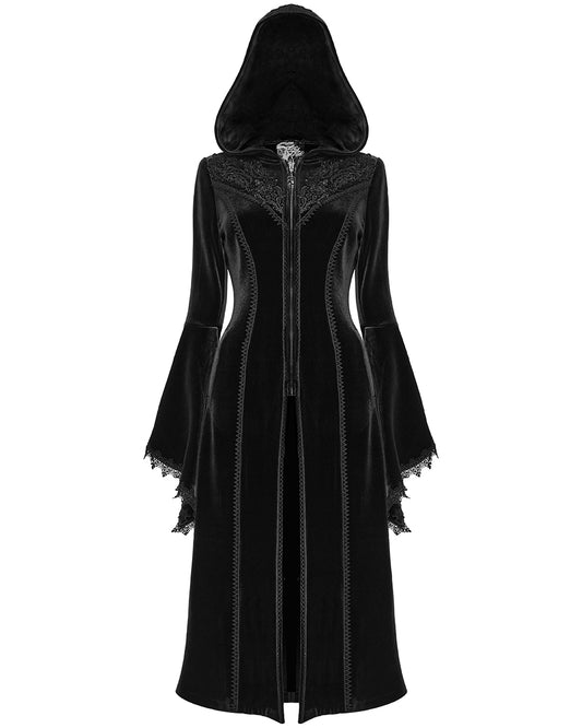 PR-DY-1510LCF-BKF Womens Gorgeous Gothic Lace Applique Hooded Coat - Extended Size Range - Black Velvet
