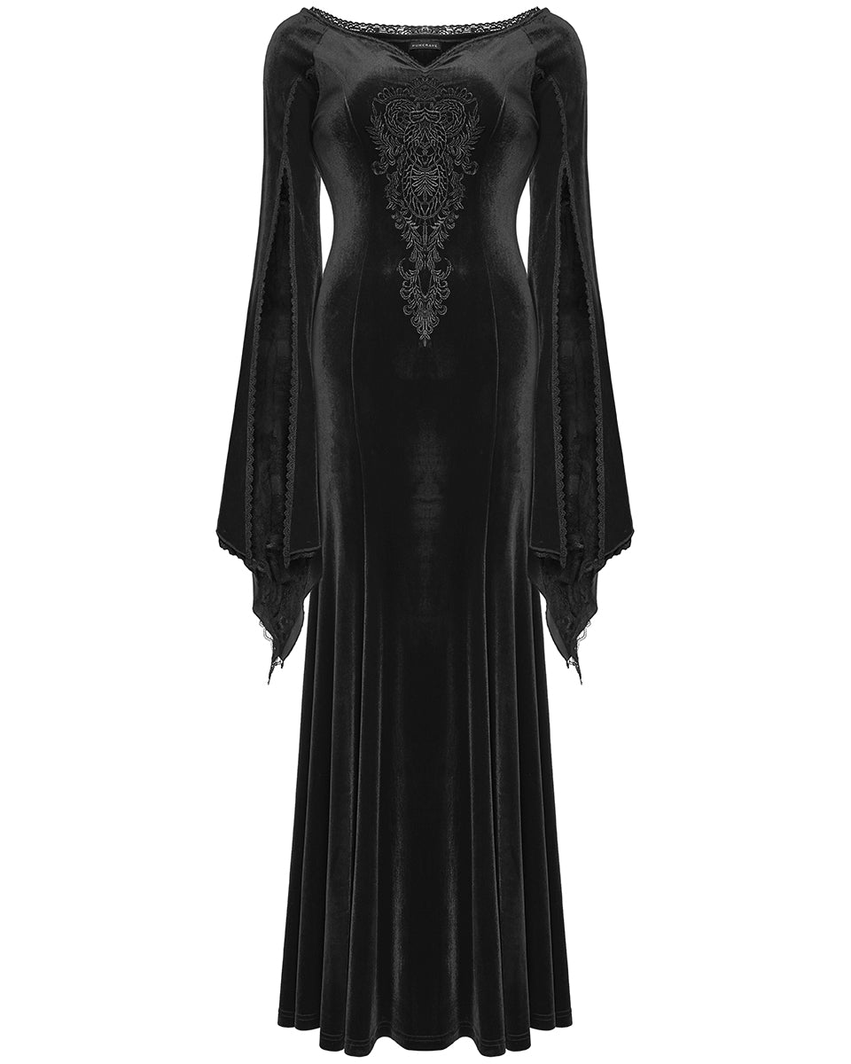 PR-DQ-641LQF-BKF Classic Gothic Off Shoulder Maxi Dress - Extended Size Range - Black Velvet