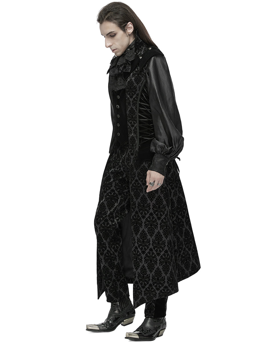 WY-1683MJM Mens Long Regency Gothic Flocked Velvet Damask Waistcoat Vest