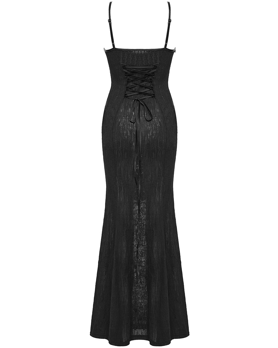 PR-WQ-934LQF-BKF Womens Long Elegant Gothic Lace Inset Applique Maxi Dress