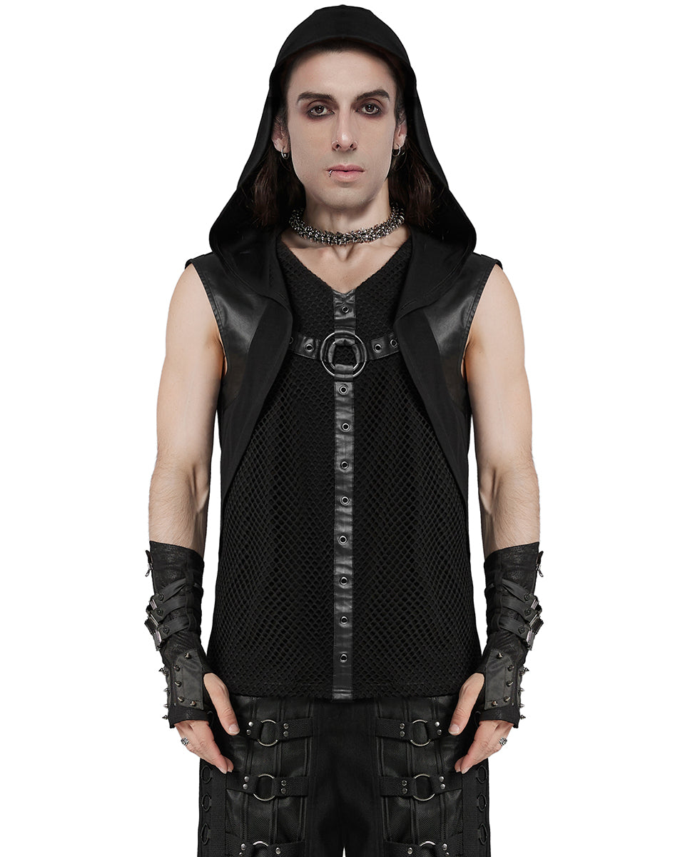 WT-936BXM Mens Apocalyptic Cyberpunk Mesh Overlay Hooded Tank Top Vest